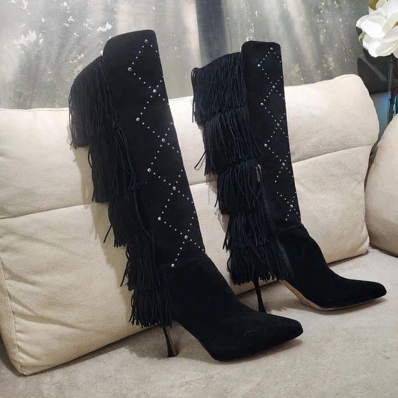 Vince Camuto Black Fringe Studded Over-The-Knee Boots 4" Heels - Picture 3 of 8